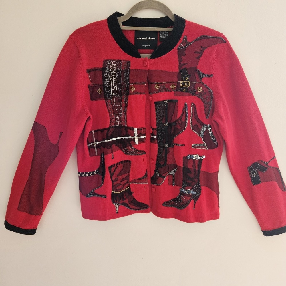 Michael Simon M Red Sweater Cardigan Black Shoes High Heel Beaded Whimsigoth Y2K